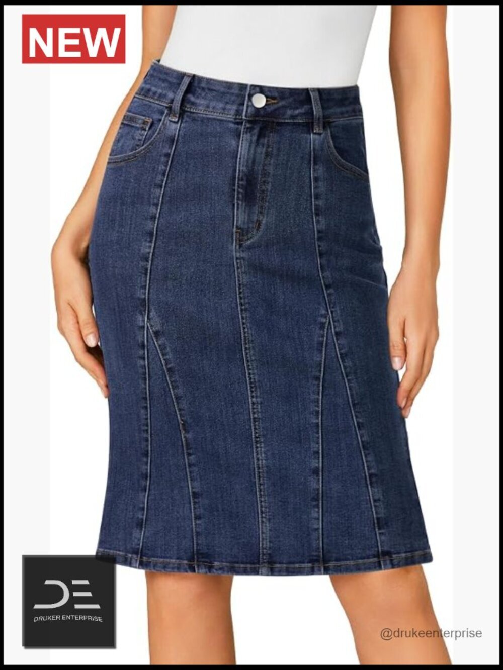 High Waisted Stretch Denim Pencil Skirt with Ruffle Hem Mermaid Jean Skirt